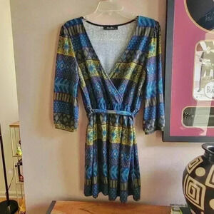Anna Grace Navy and Green Print Women's Sweater Knee Dress Large with Tie Belt